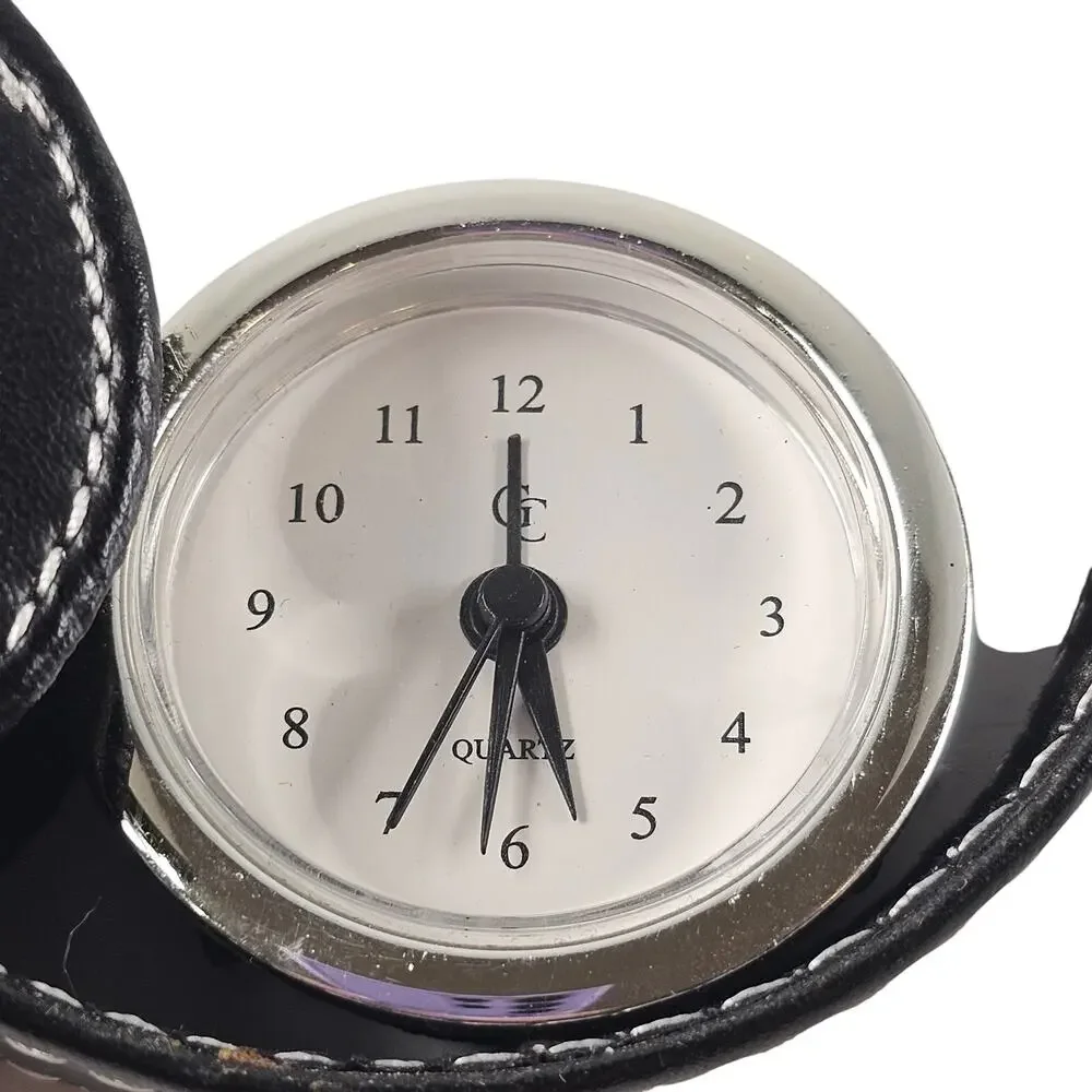 Guess Quartz Travel Alarm Clock Black Faux Leather Case Snap Closure Portable